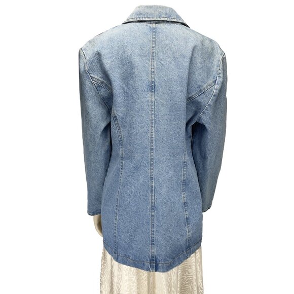 COBRA Vintage 90’s Long Blue Medium Wash Jean Blazer V-Neck Pockets Jacket s M - Picture 2 of 7